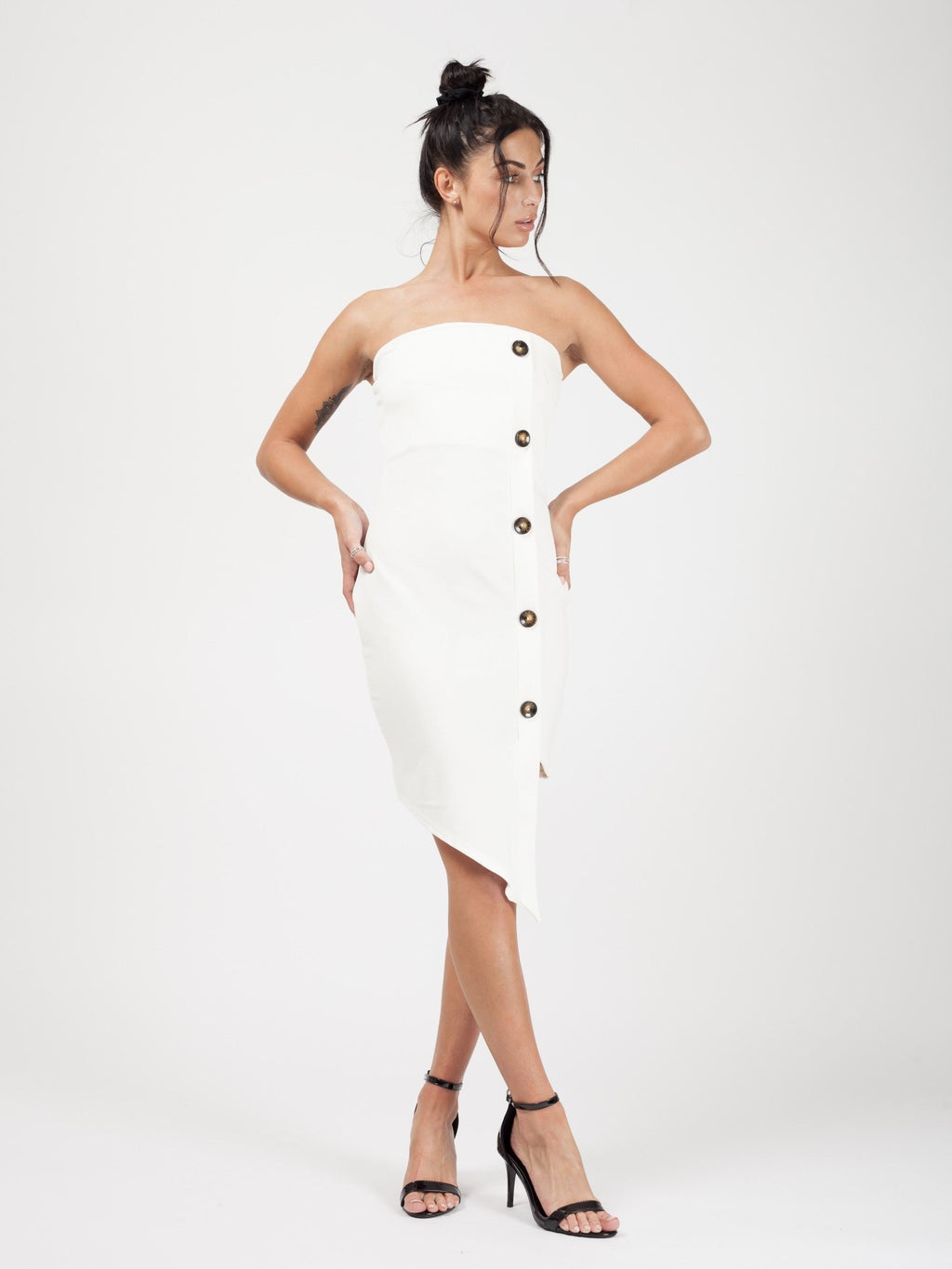 Mock Button Detail Asymmetrical Bandeau Dress