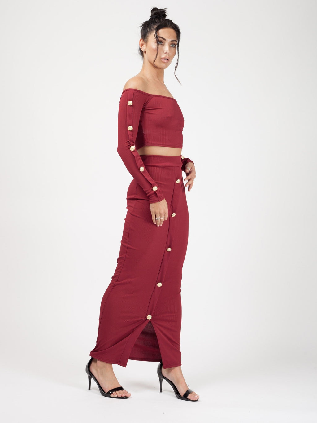 Button Trim Ribbed Crop Top & Maxi Skirt Co-ord