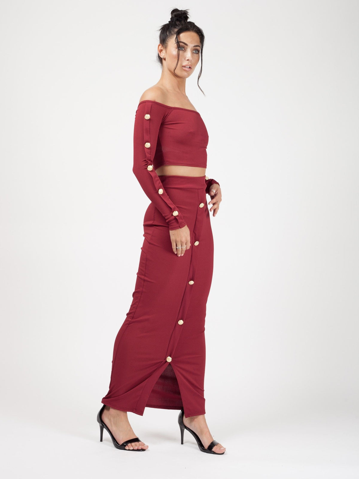 Button Trim Ribbed Crop Top & Maxi Skirt Co-ord