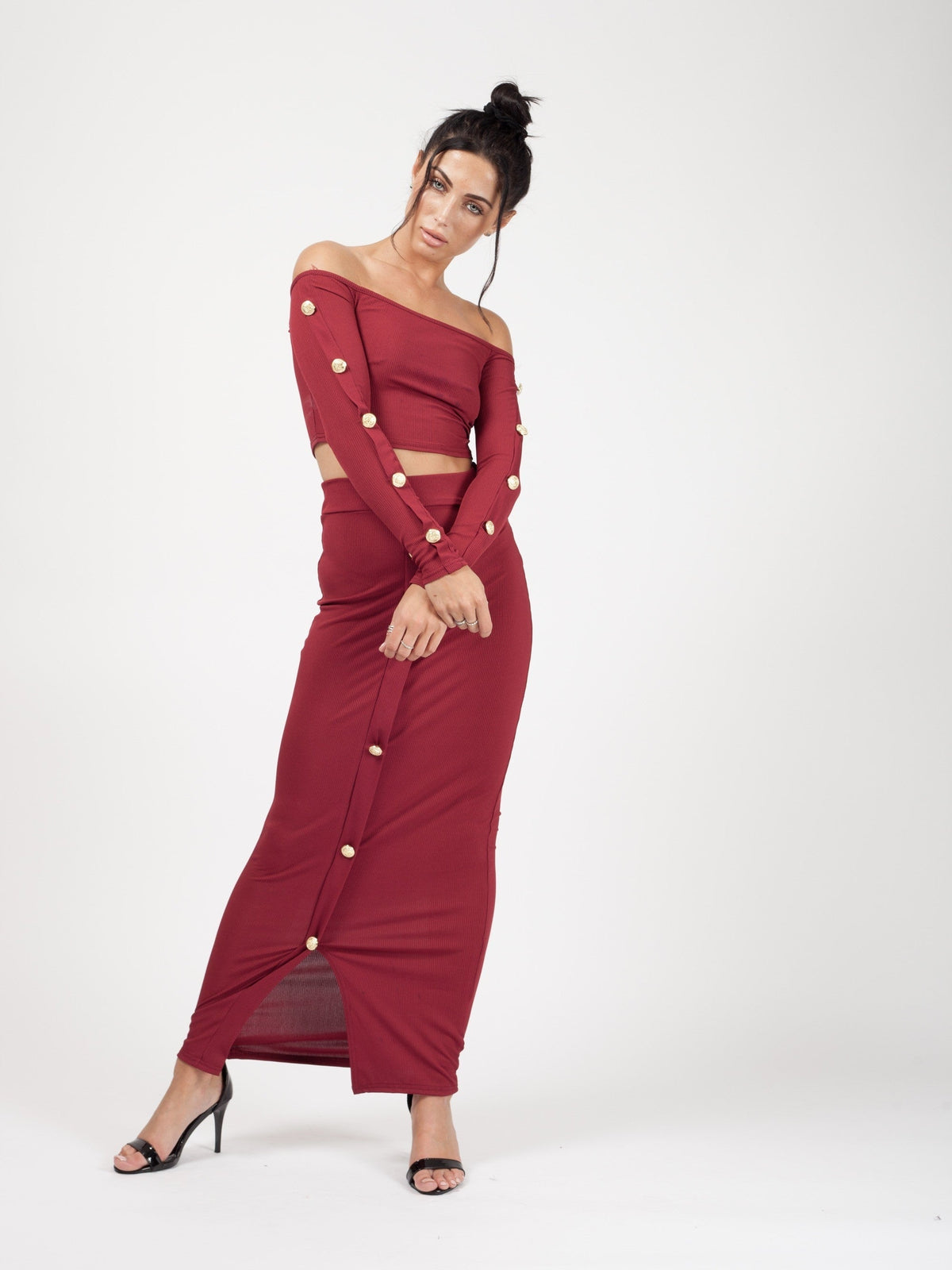 Button Trim Ribbed Crop Top & Maxi Skirt Co-ord
