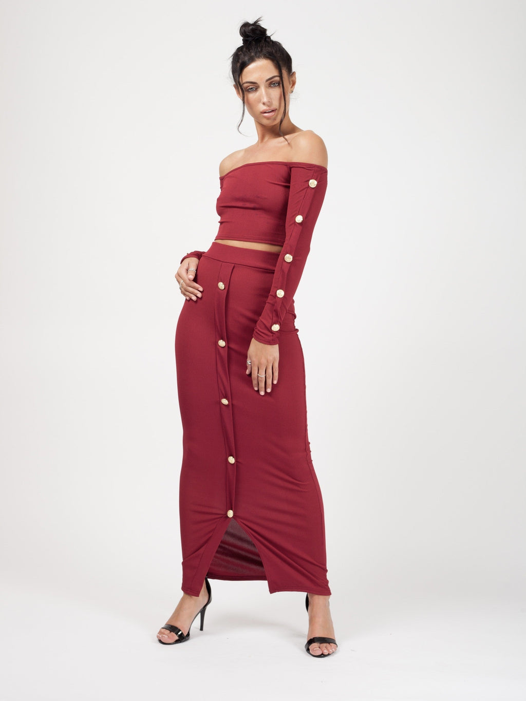Button Trim Ribbed Crop Top & Maxi Skirt Co-ord