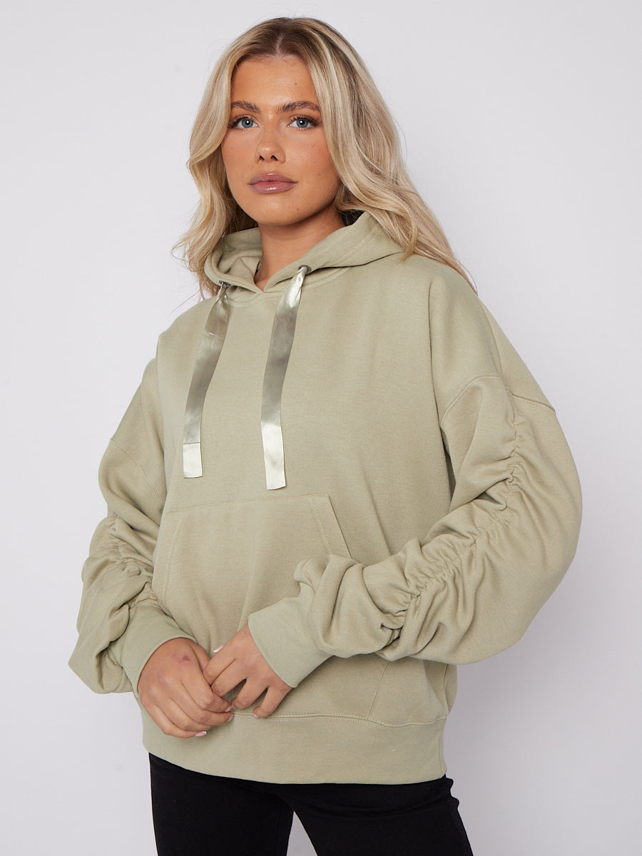 Ribbon Drawstring Ruched Sleeves Fleeced Hoodie