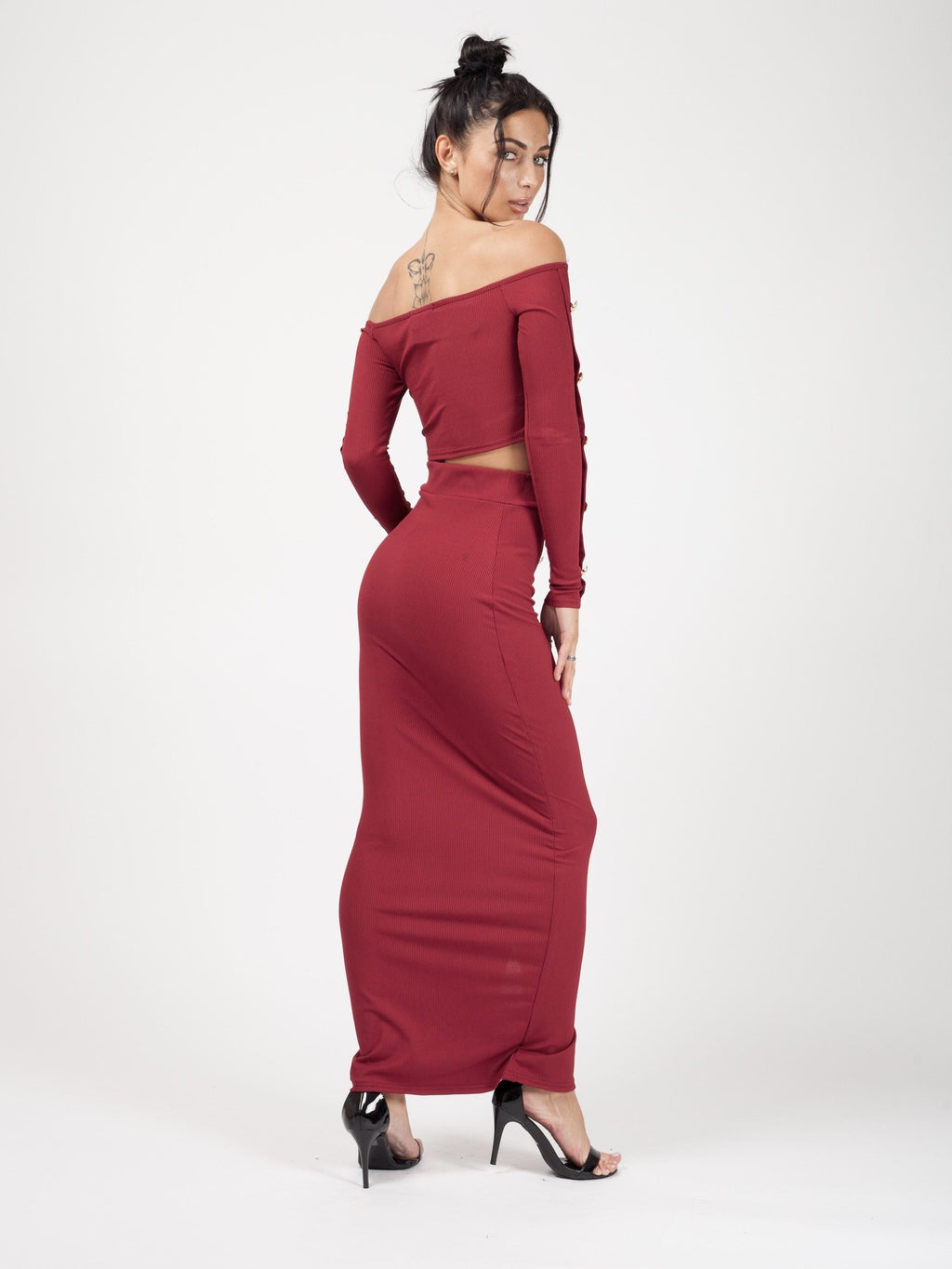 Button Trim Ribbed Crop Top & Maxi Skirt Co-ord