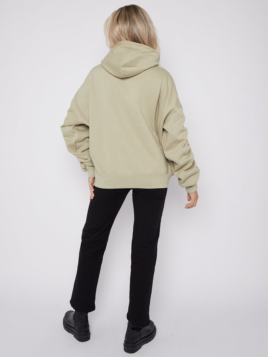 Ribbon Drawstring Ruched Sleeves Fleeced Hoodie