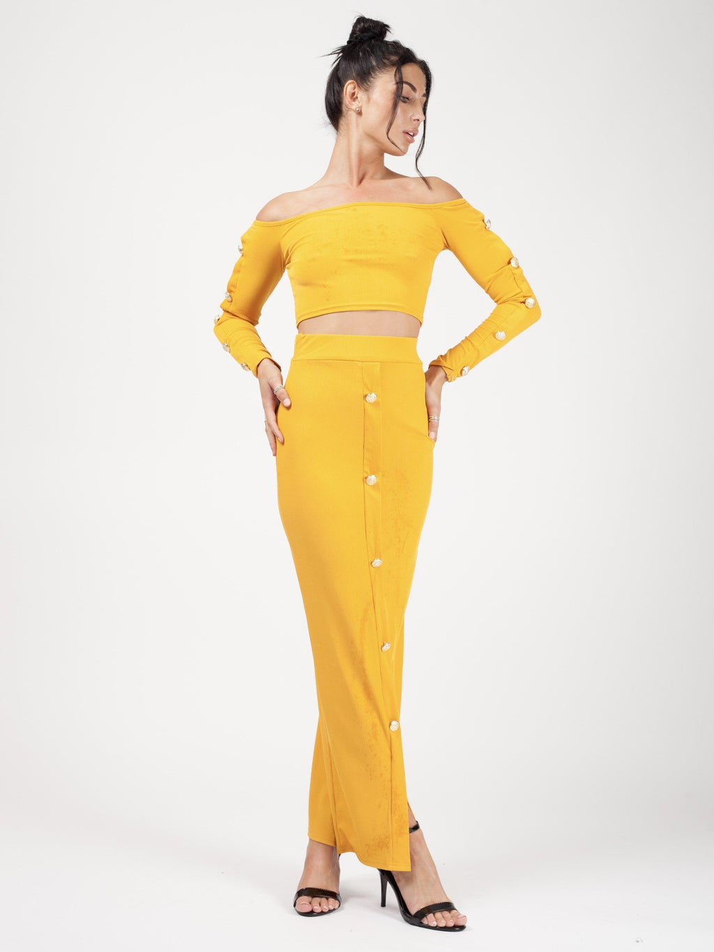 Button Trim Ribbed Crop Top & Maxi Skirt Co-ord