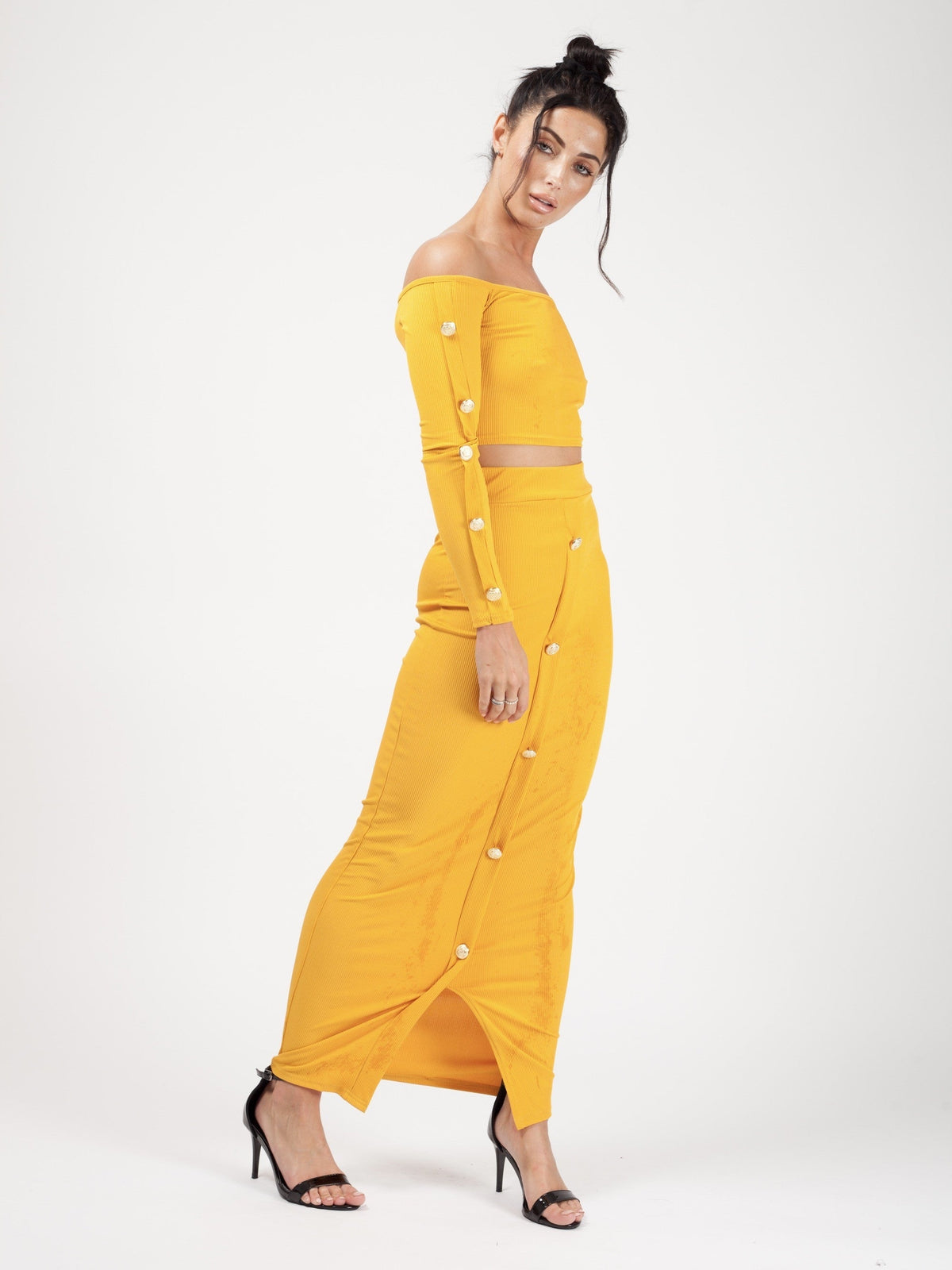 Button Trim Ribbed Crop Top & Maxi Skirt Co-ord