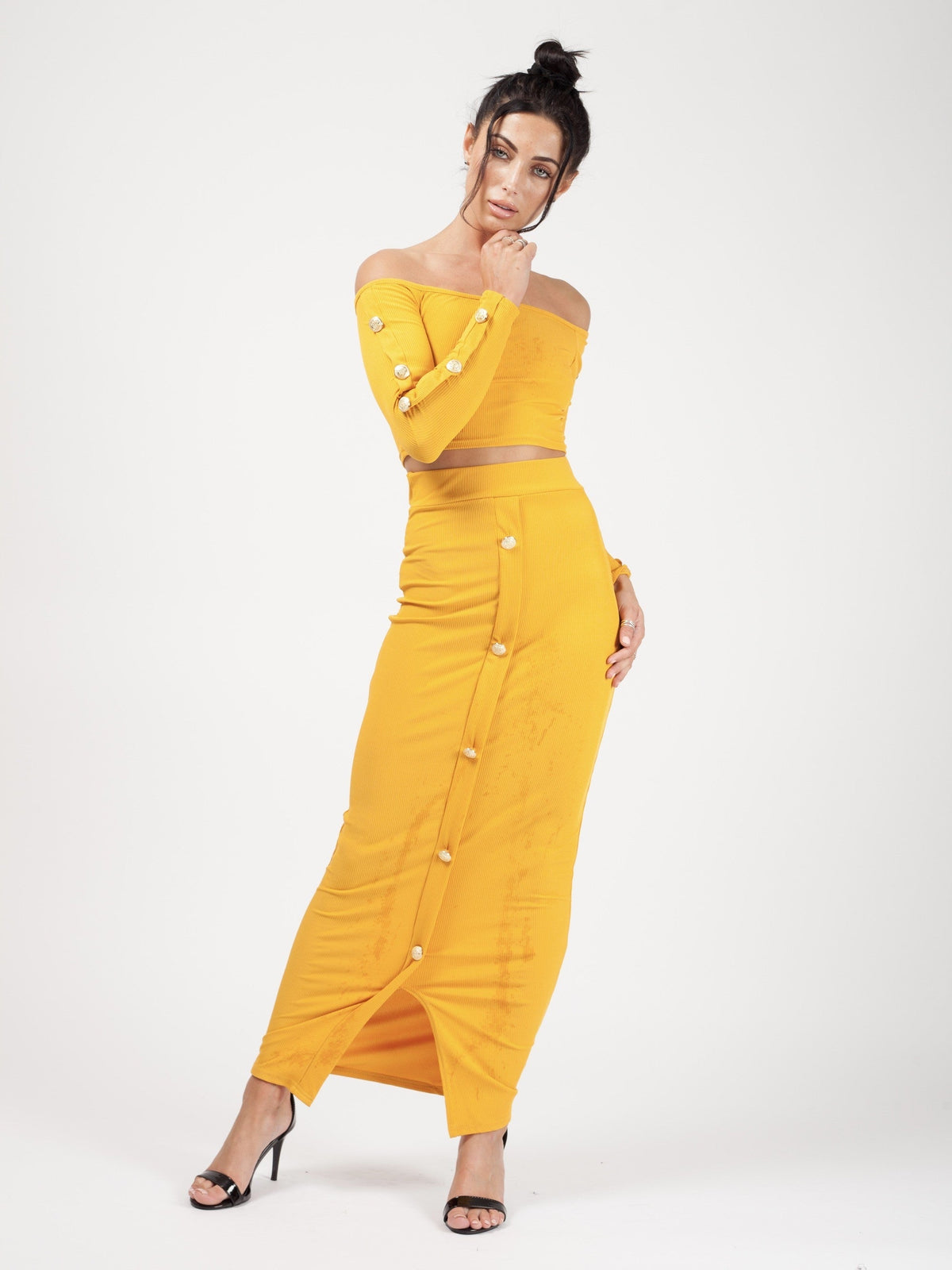 Button Trim Ribbed Crop Top & Maxi Skirt Co-ord