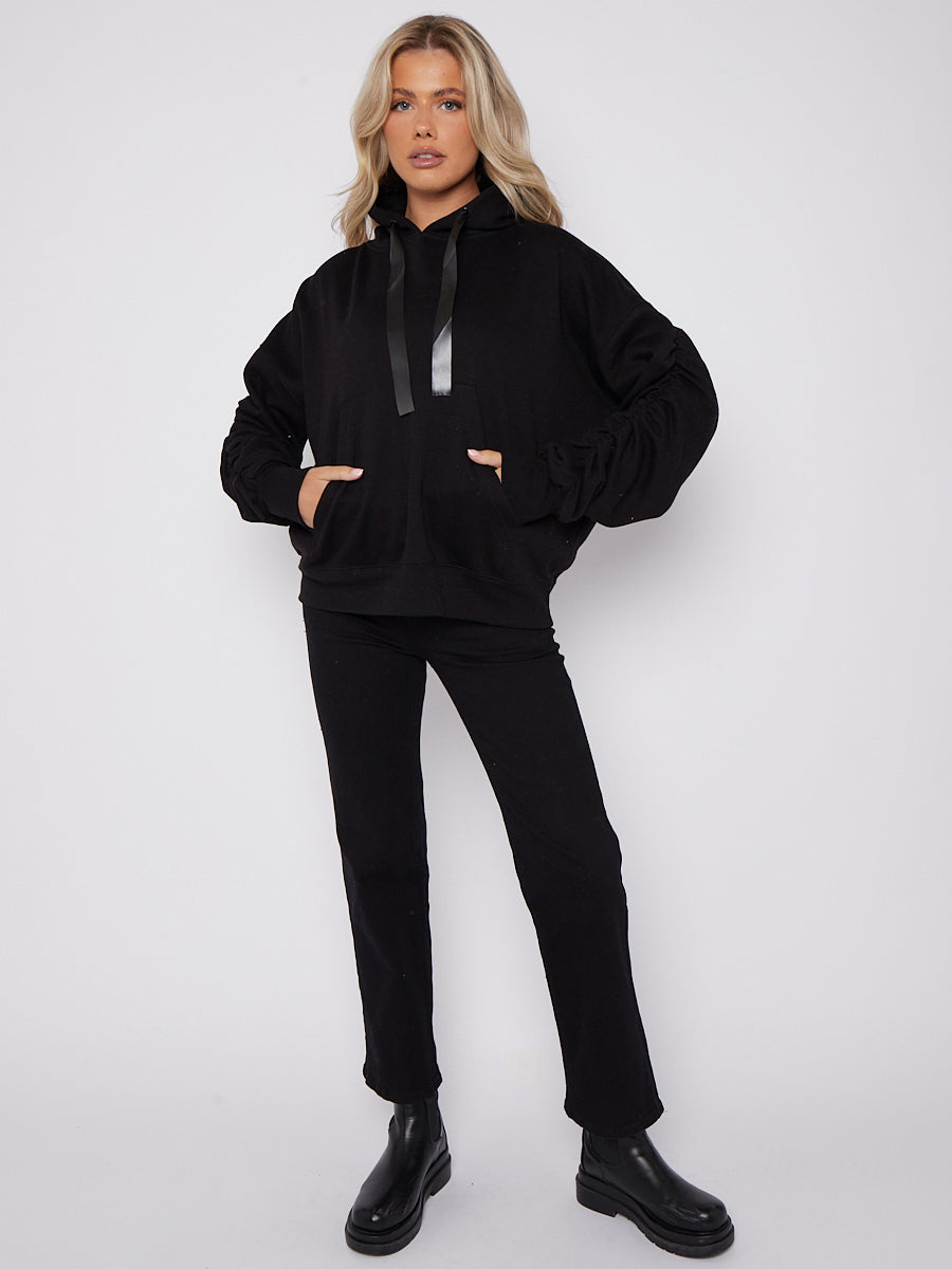 Ribbon Drawstring Ruched Sleeves Fleeced Hoodie