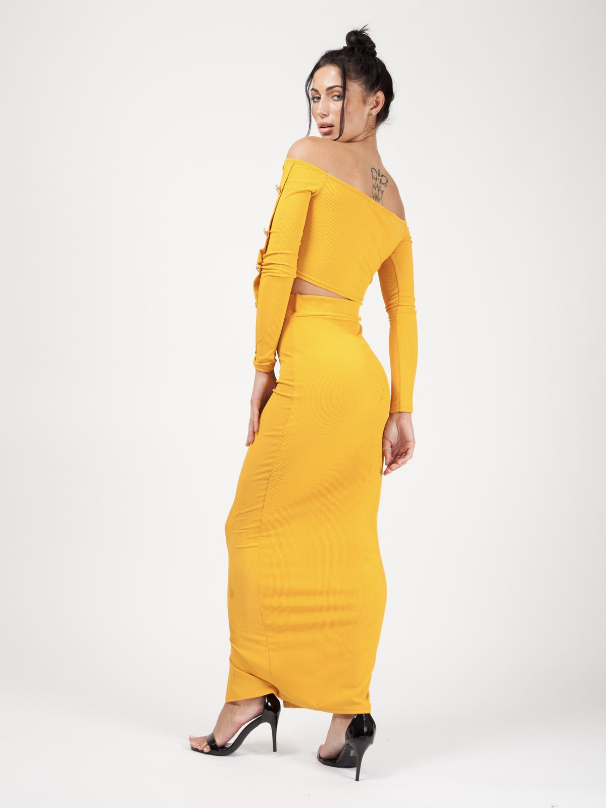 Button Trim Ribbed Crop Top & Maxi Skirt Co-ord