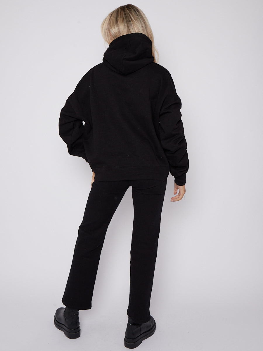 Ribbon Drawstring Ruched Sleeves Fleeced Hoodie