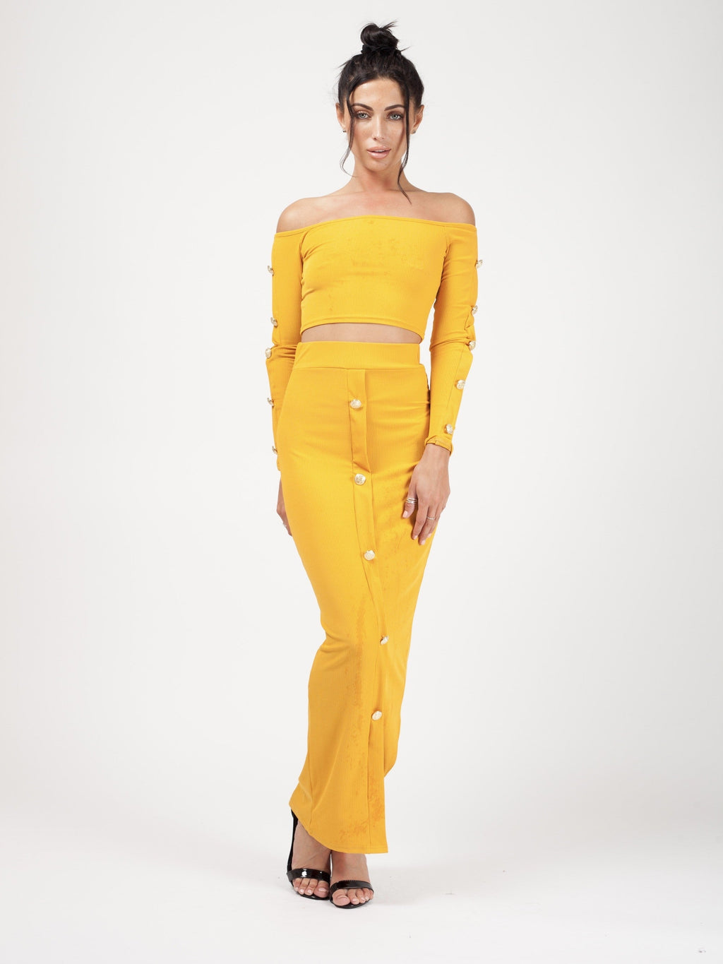 Button Trim Ribbed Crop Top & Maxi Skirt Co-ord
