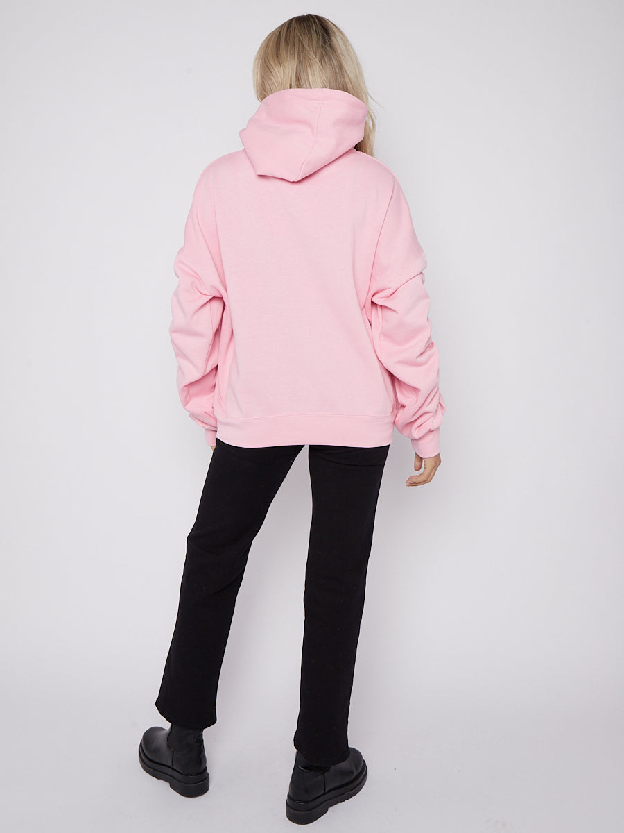 Ribbon Drawstring Ruched Sleeves Fleeced Hoodie