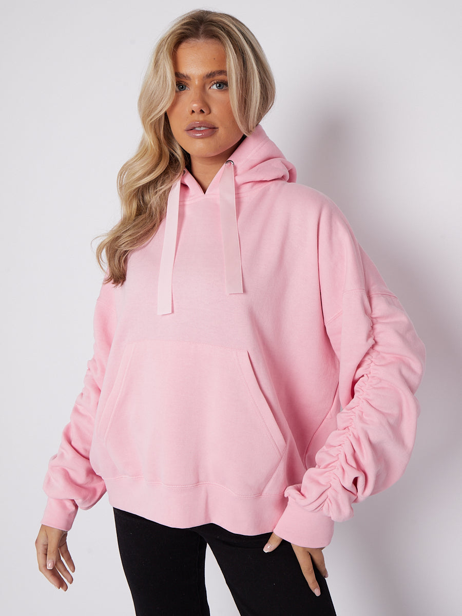 Ribbon Drawstring Ruched Sleeves Fleeced Hoodie