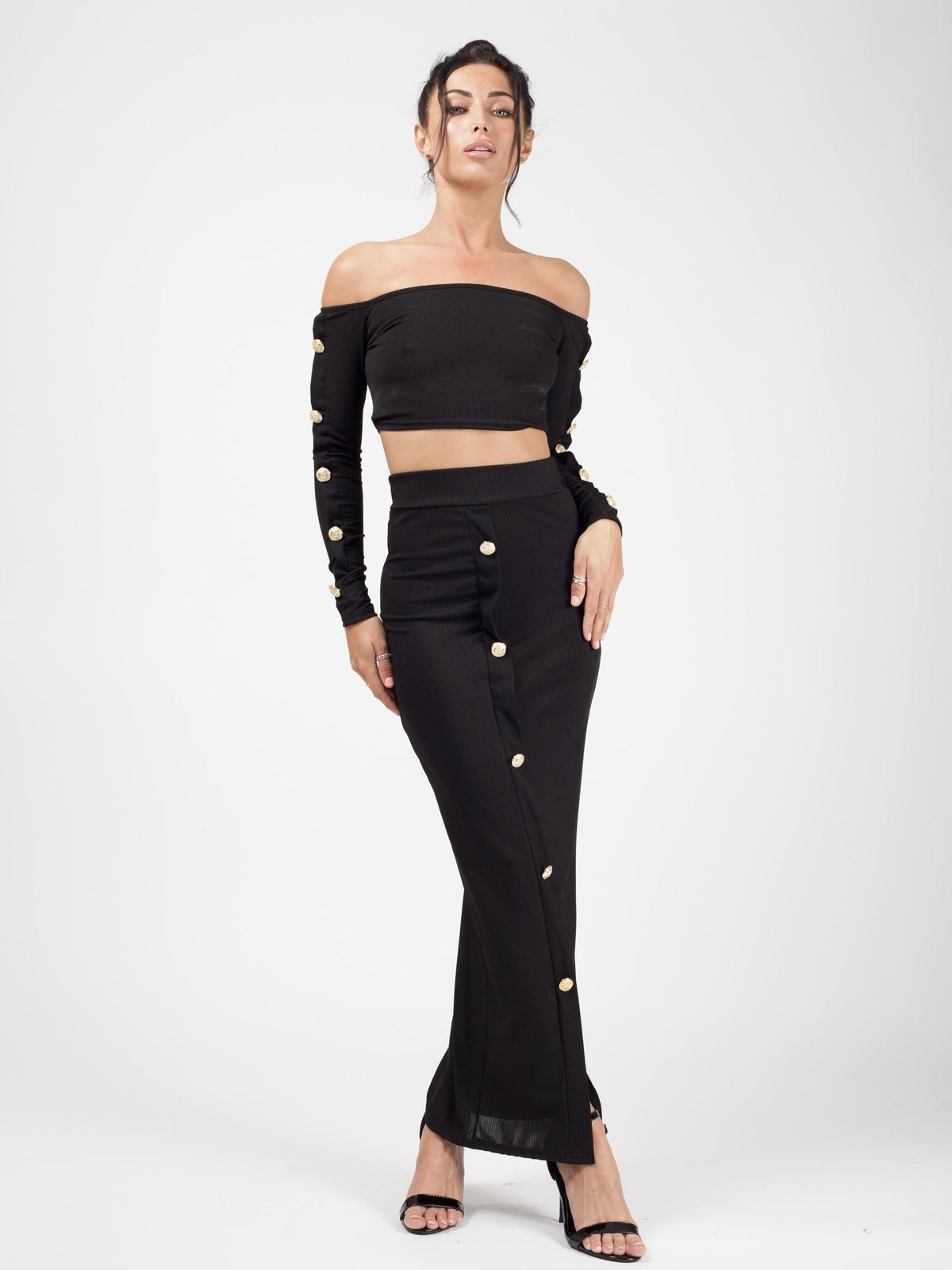 Button Trim Ribbed Crop Top & Maxi Skirt Co-ord