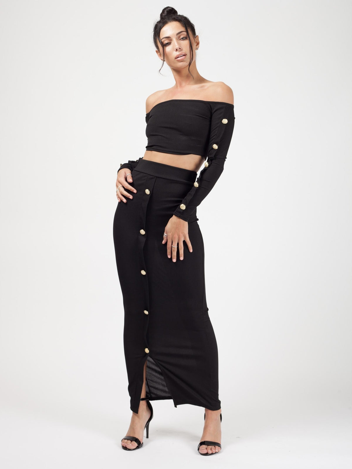 Button Trim Ribbed Crop Top & Maxi Skirt Co-ord