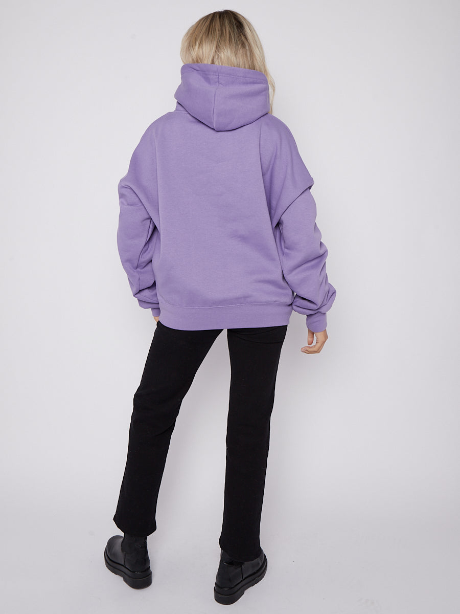 Ribbon Drawstring Ruched Sleeves Fleeced Hoodie