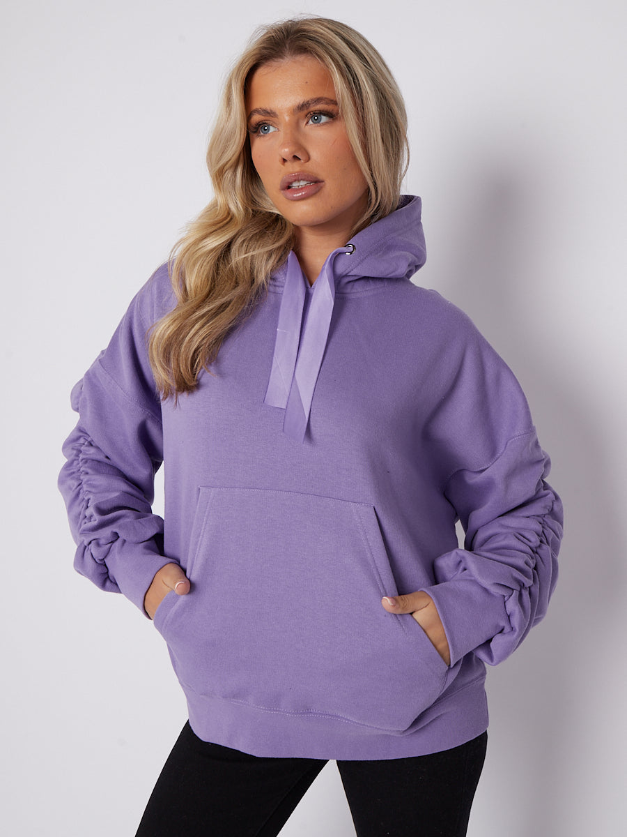 Ribbon Drawstring Ruched Sleeves Fleeced Hoodie