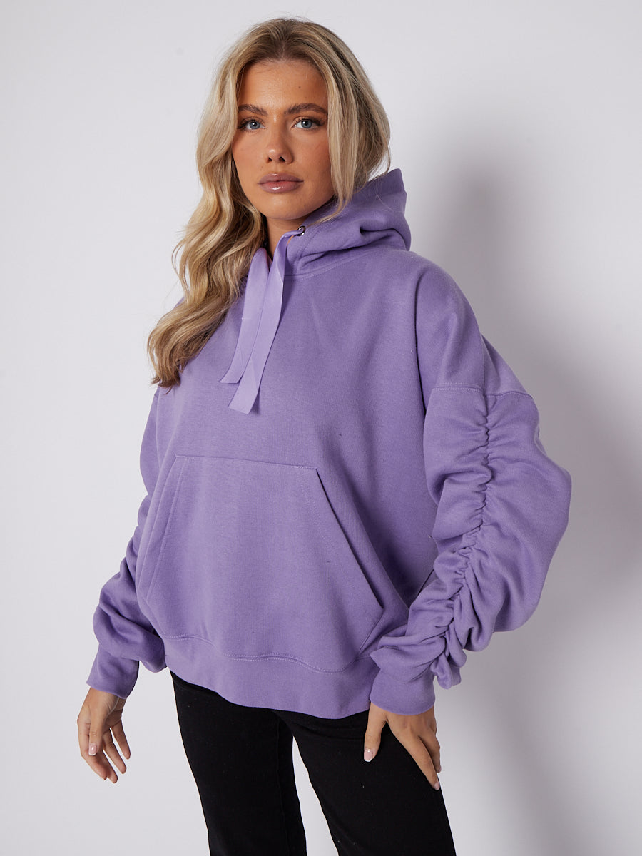 Ribbon Drawstring Ruched Sleeves Fleeced Hoodie