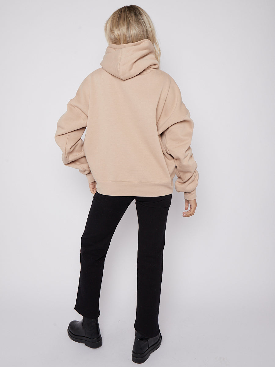 Ribbon Drawstring Ruched Sleeves Fleeced Hoodie