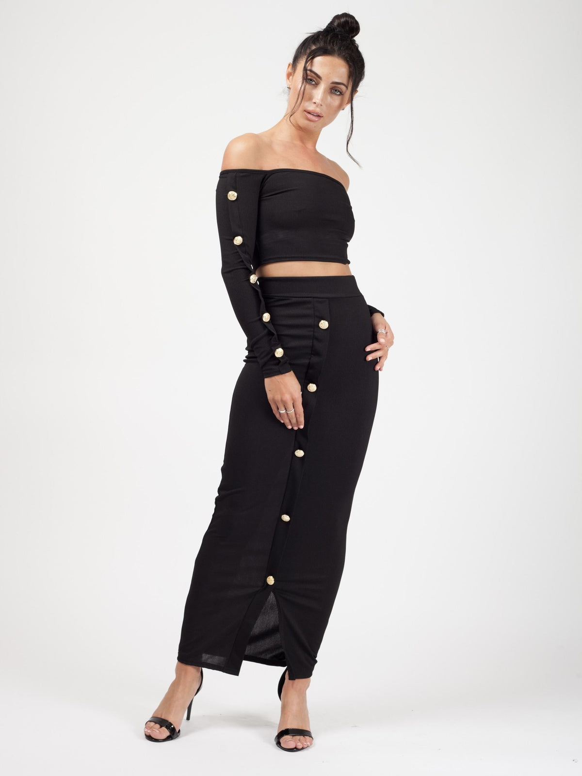 Button Trim Ribbed Crop Top & Maxi Skirt Co-ord
