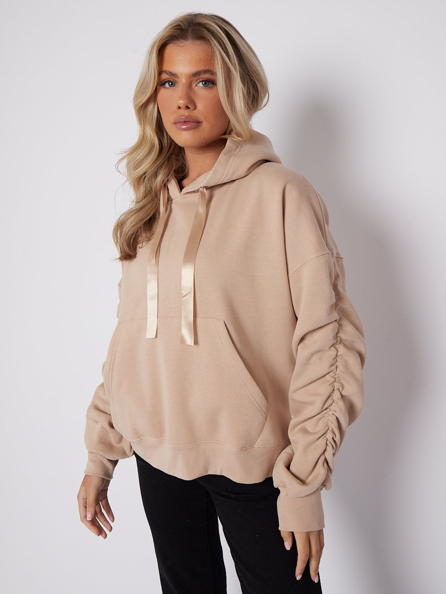 Ribbon Drawstring Ruched Sleeves Fleeced Hoodie