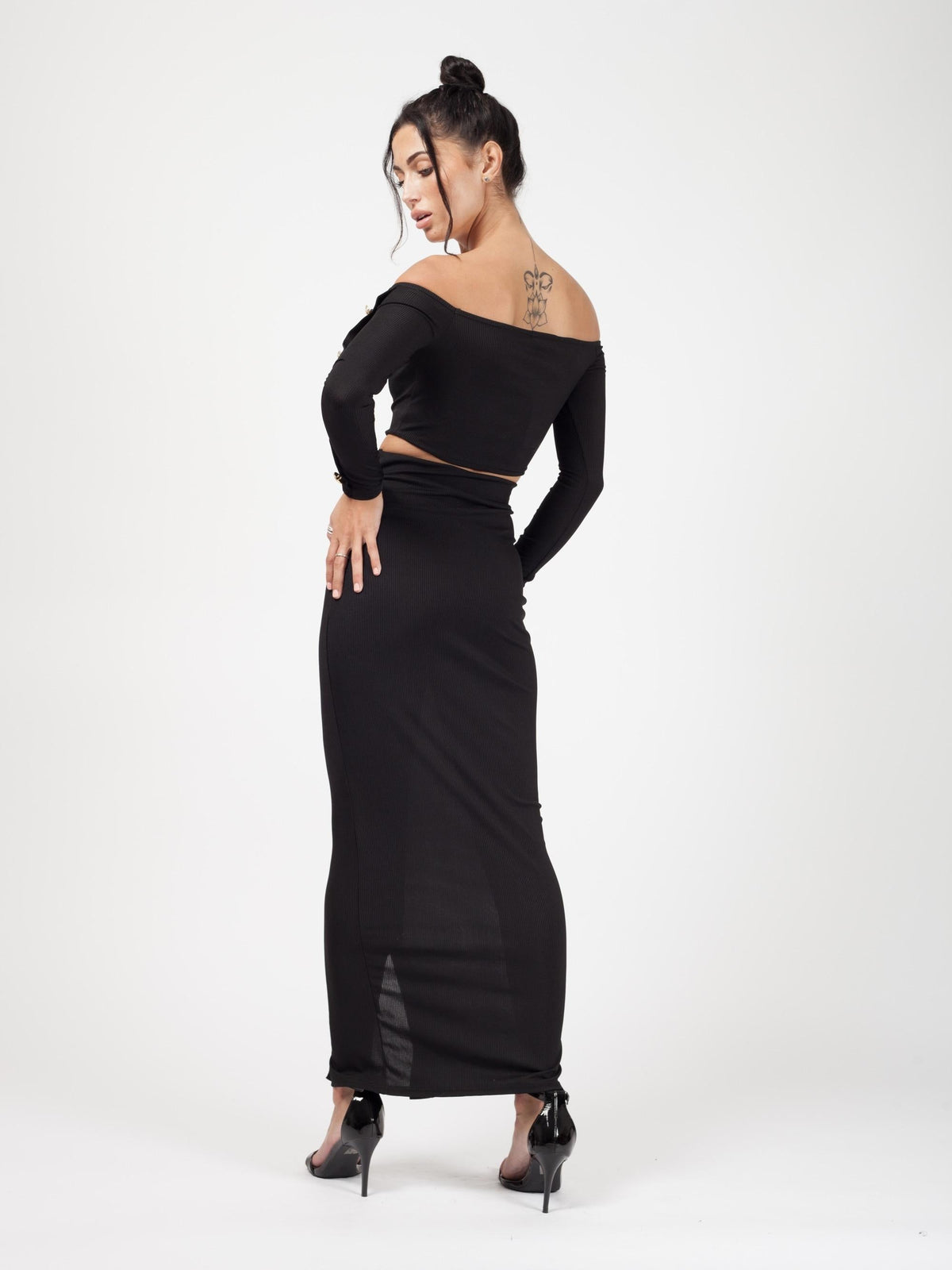 Button Trim Ribbed Crop Top & Maxi Skirt Co-ord