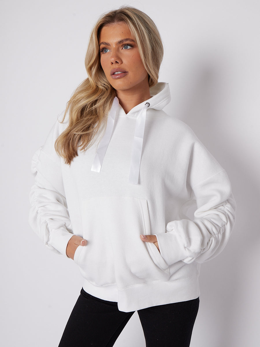 Ribbon Drawstring Ruched Sleeves Fleeced Hoodie