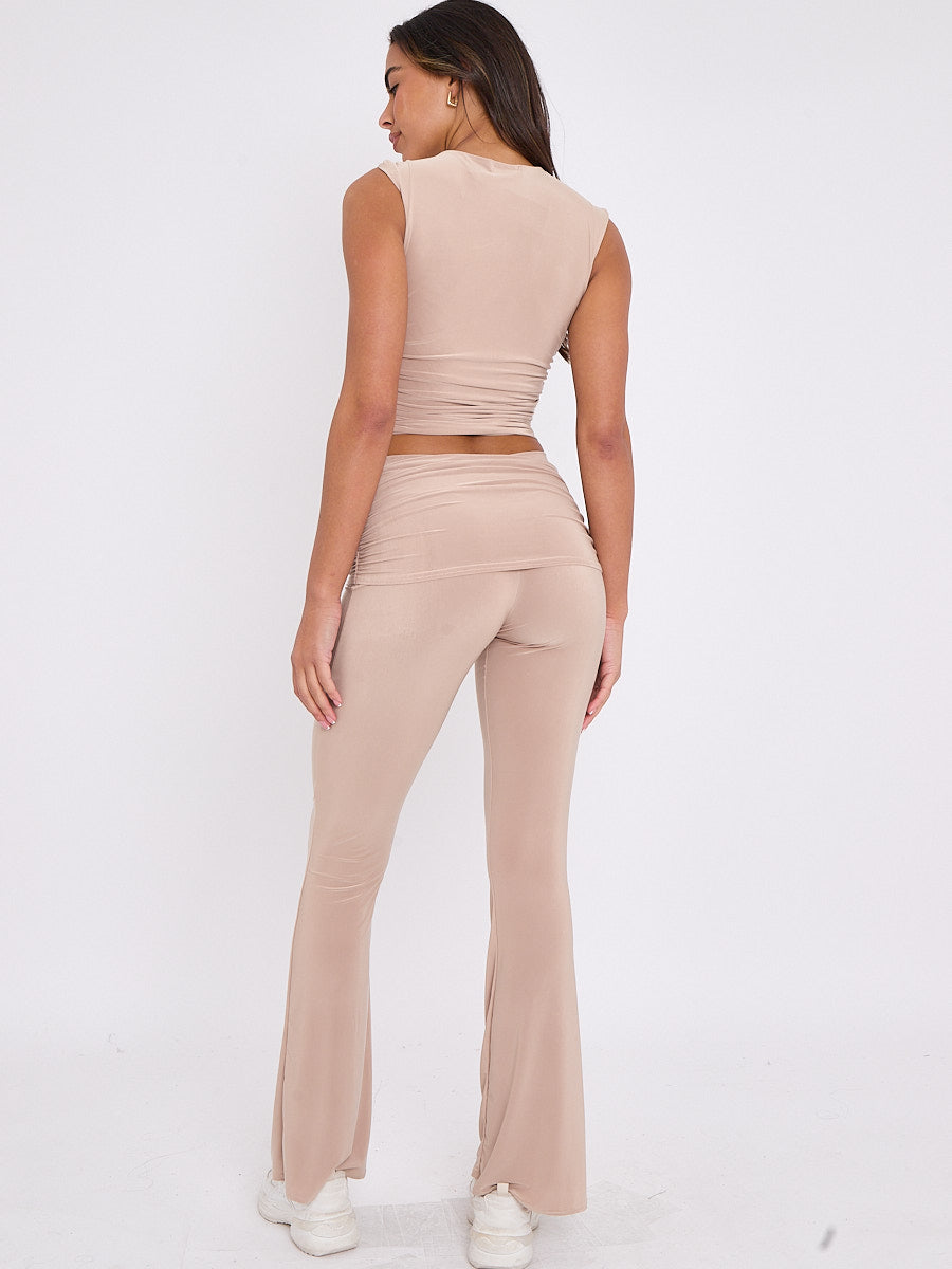 Slinky Sleeveless Ruched Crop Top & Fold Over Flared Trouser Co-ord