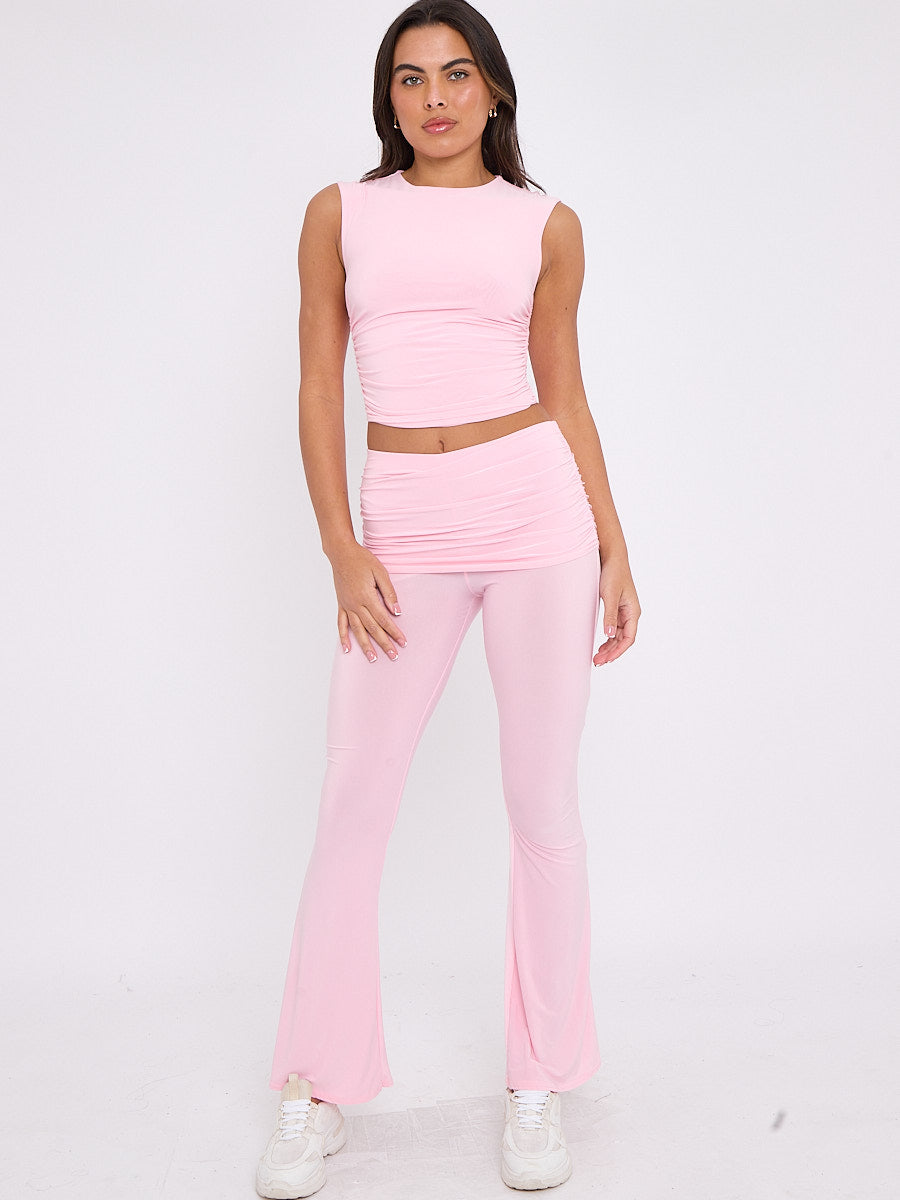 Slinky Sleeveless Ruched Crop Top & Fold Over Flared Trouser Co-ord