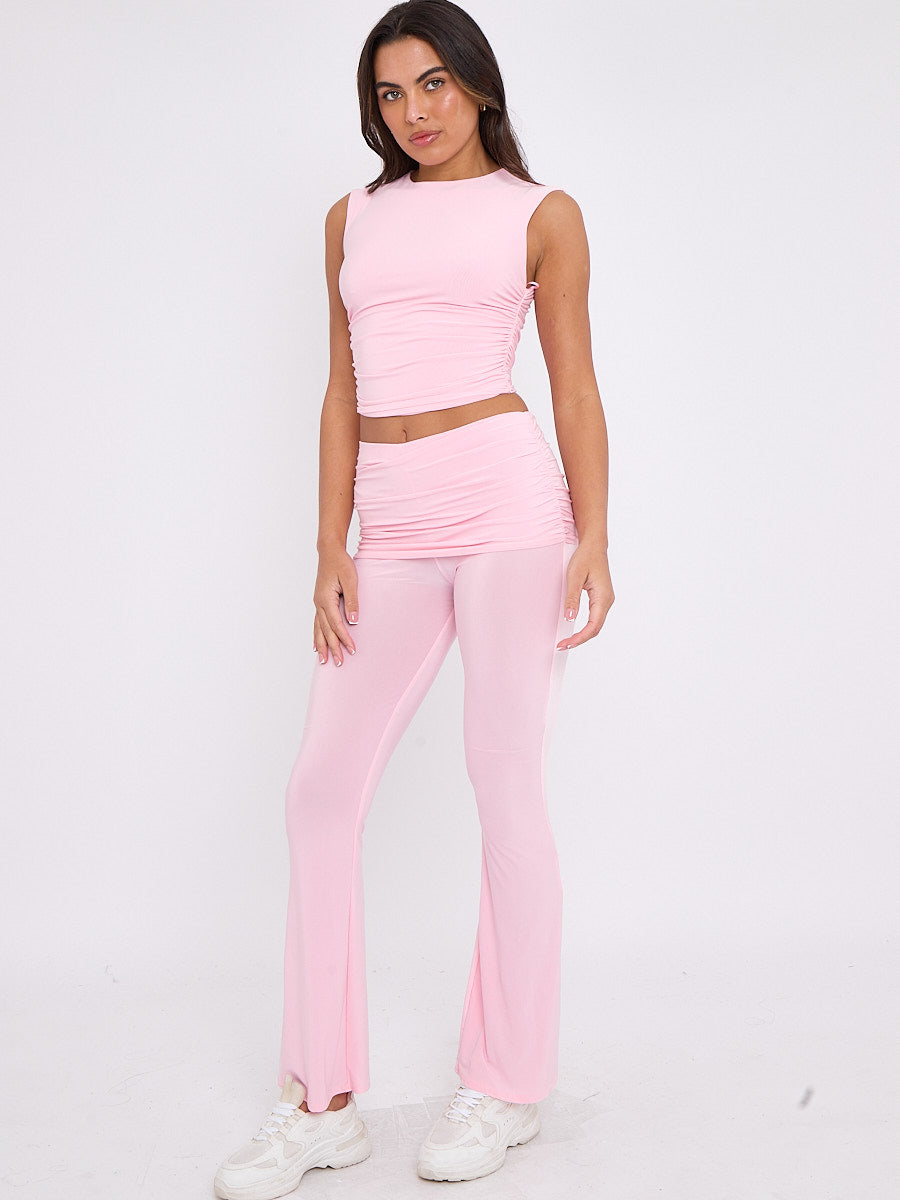 Slinky Sleeveless Ruched Crop Top & Fold Over Flared Trouser Co-ord