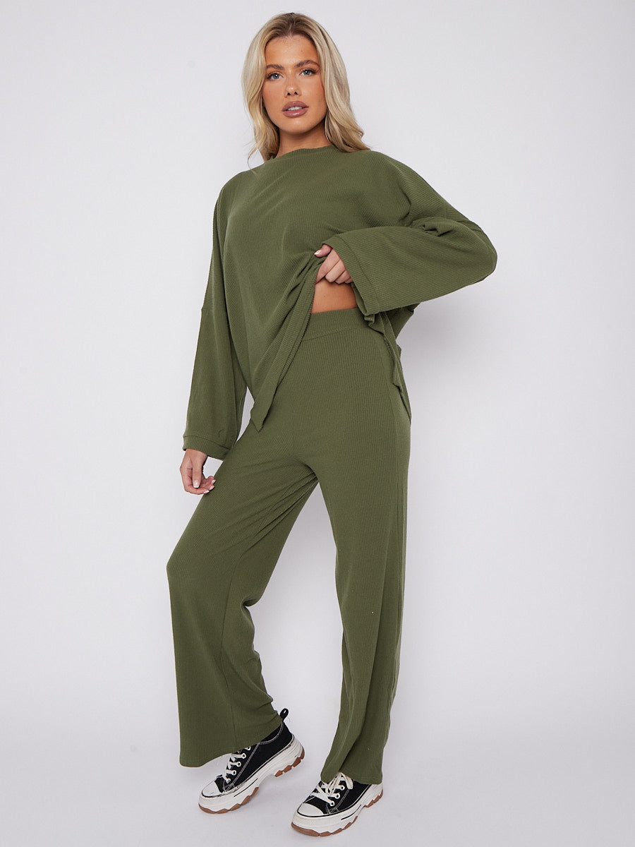 Oversized Soft Ribbed Top & Trouser Lounge Set