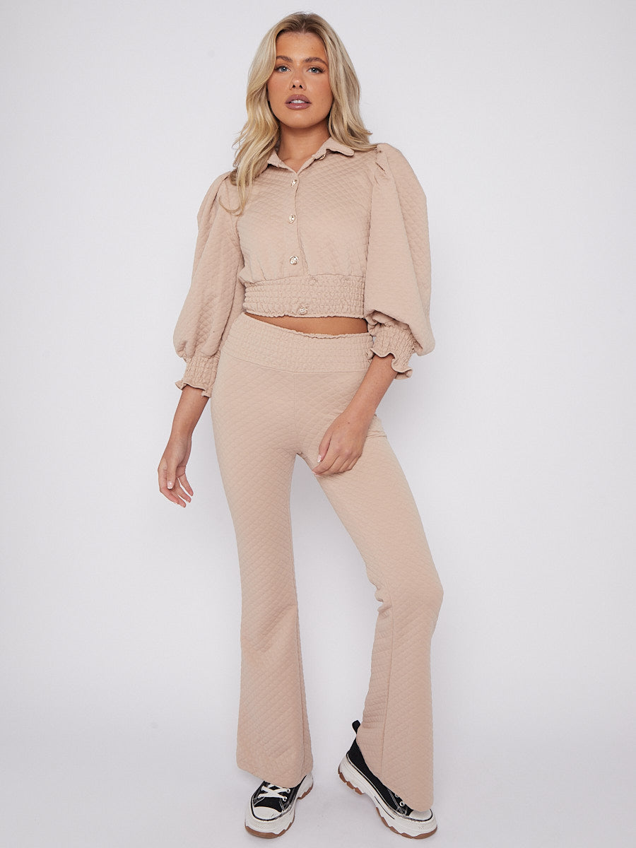Quilted Gold Button Crop Top & Flare Trouser Co-ord