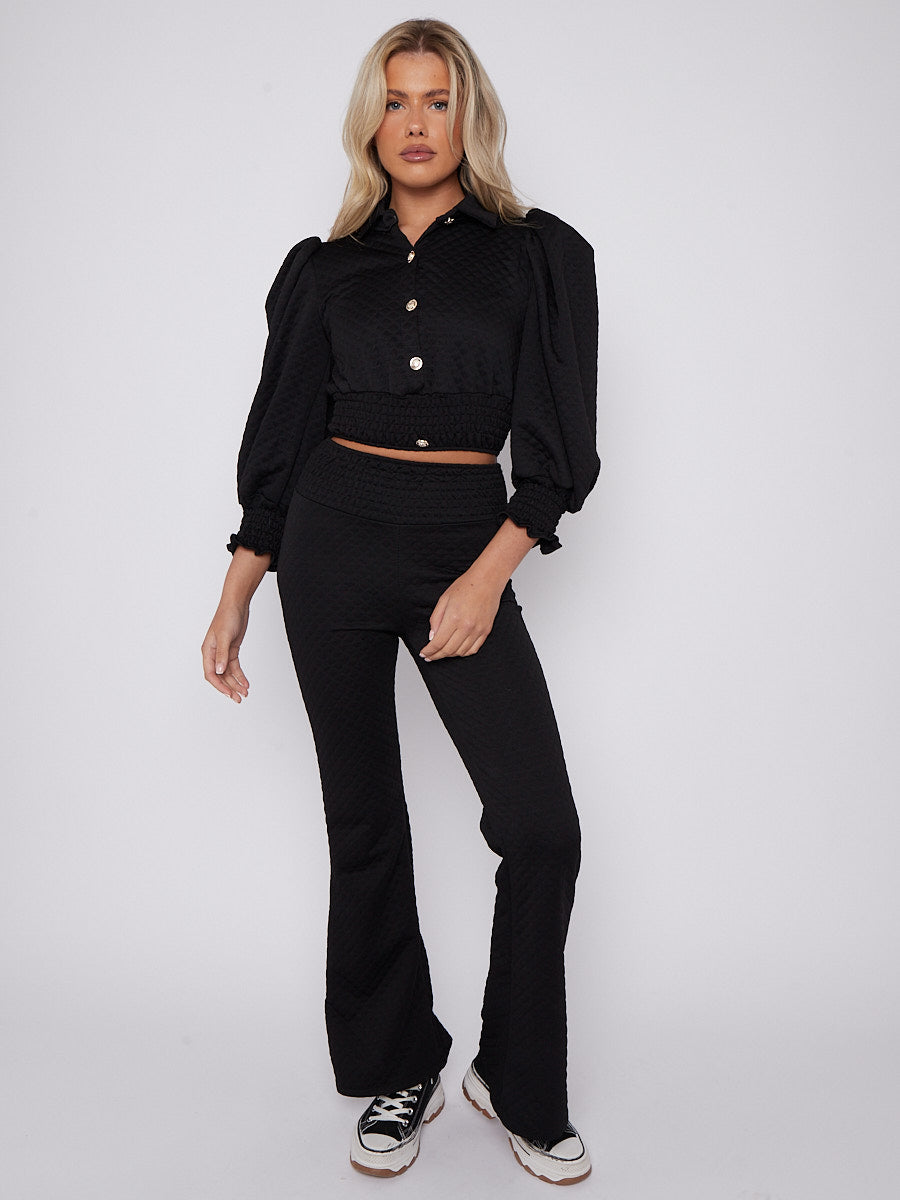 Quilted Gold Button Crop Top & Flare Trouser Co-ord