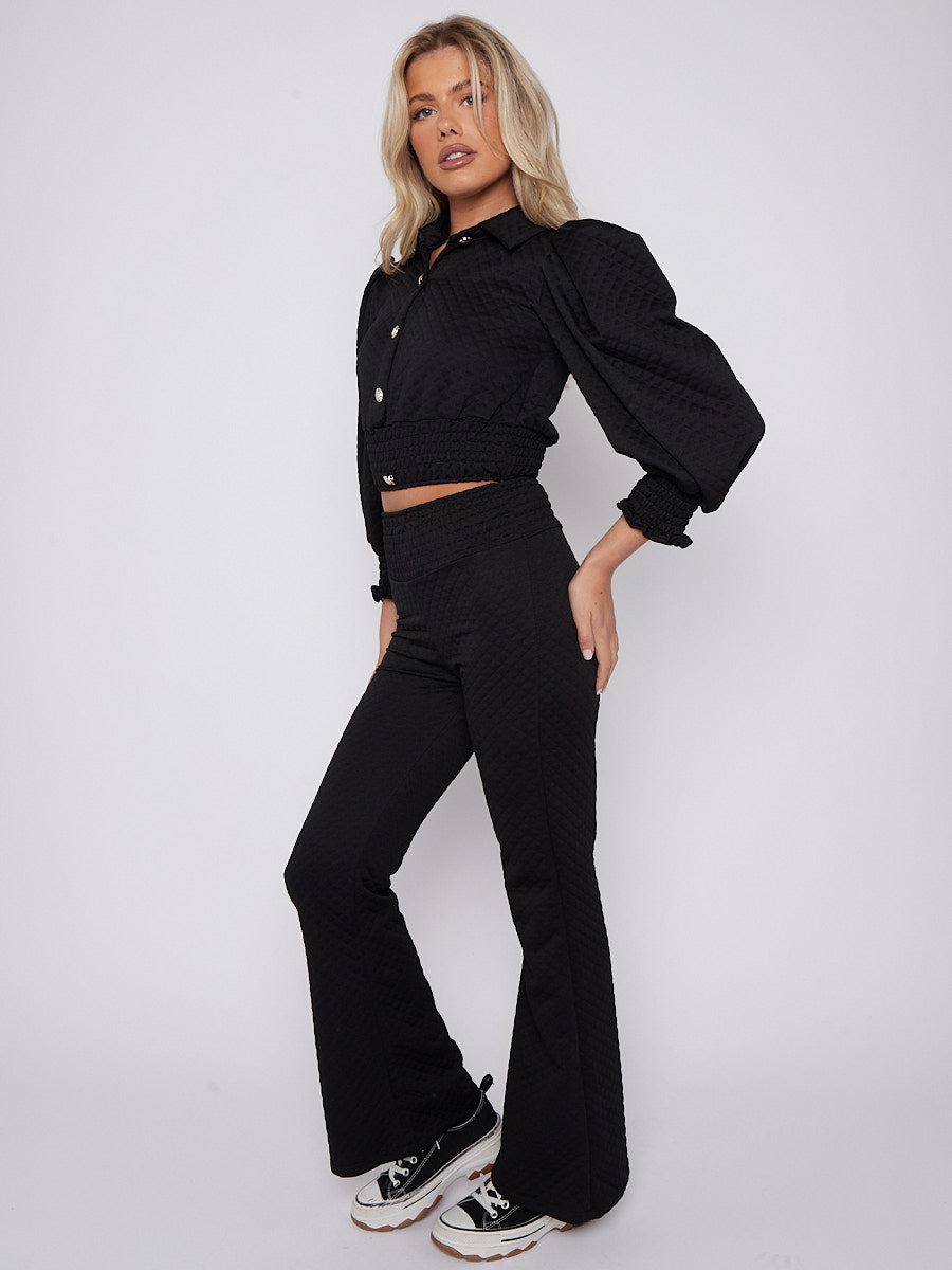 Quilted Gold Button Crop Top & Flare Trouser Co-ord