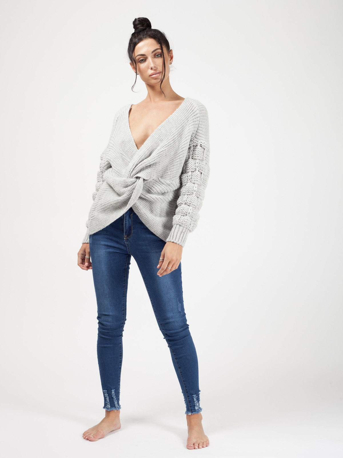 Bobble Sleeve Twist Front Knitted Jumper