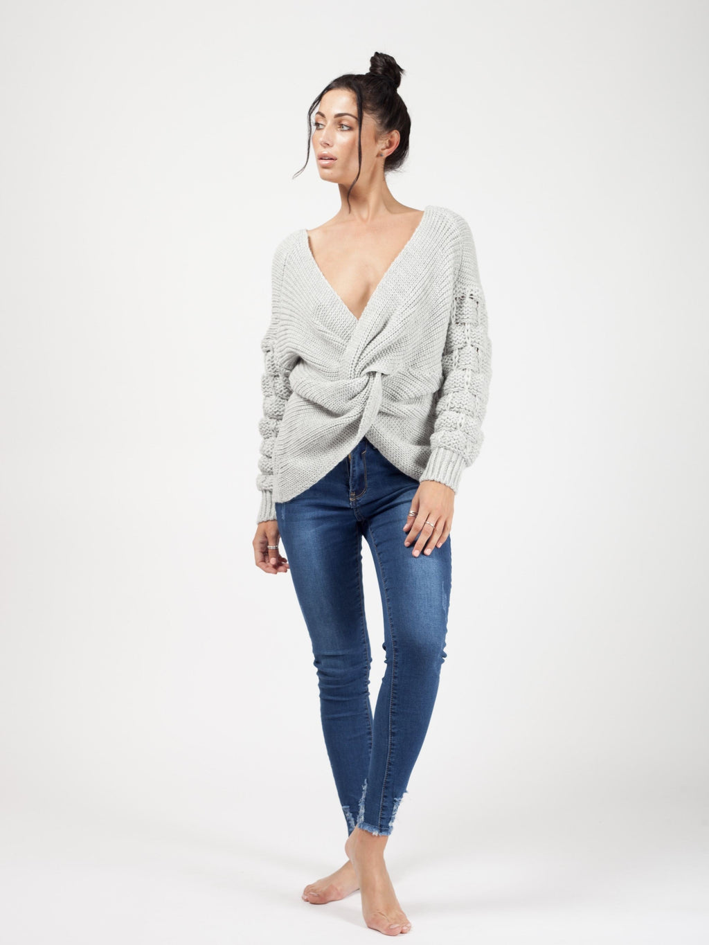 Bobble Sleeve Twist Front Knitted Jumper