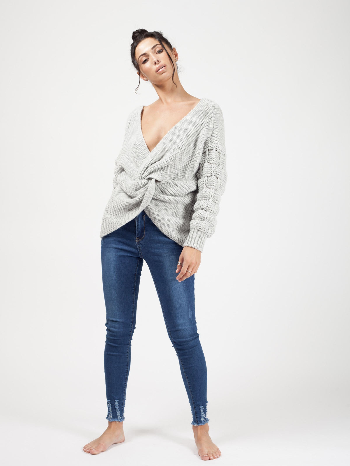 Bobble Sleeve Twist Front Knitted Jumper