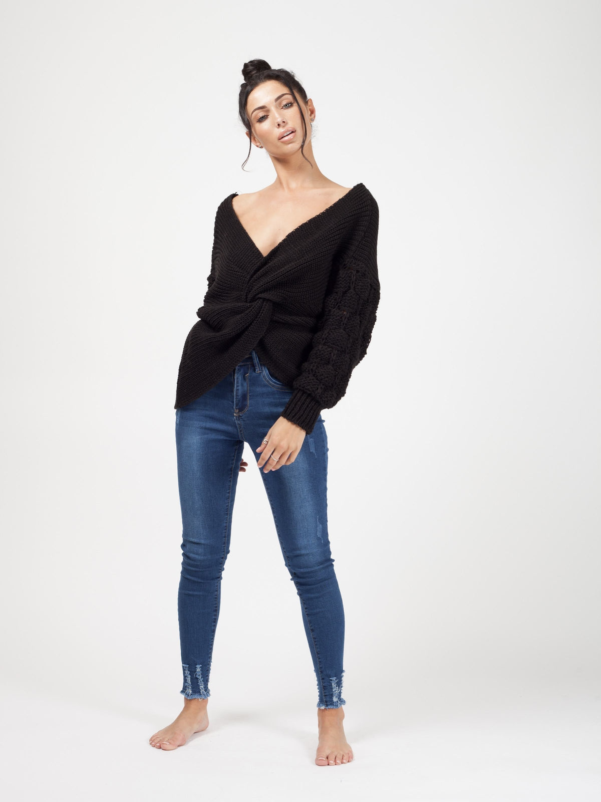 Bobble Sleeve Twist Front Knitted Jumper