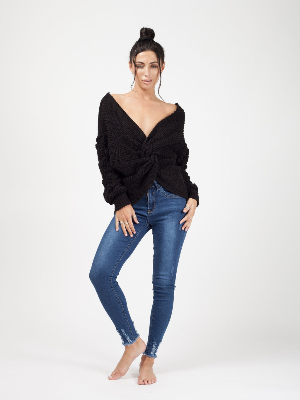 Bobble Sleeve Twist Front Knitted Jumper