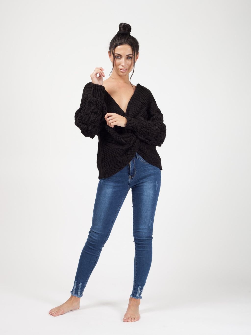 Bobble Sleeve Twist Front Knitted Jumper