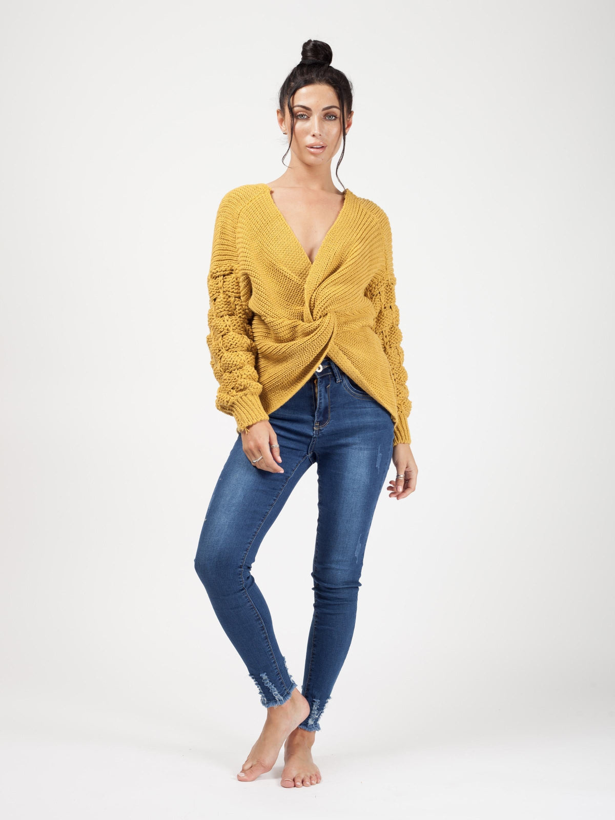 Bobble Sleeve Twist Front Knitted Jumper