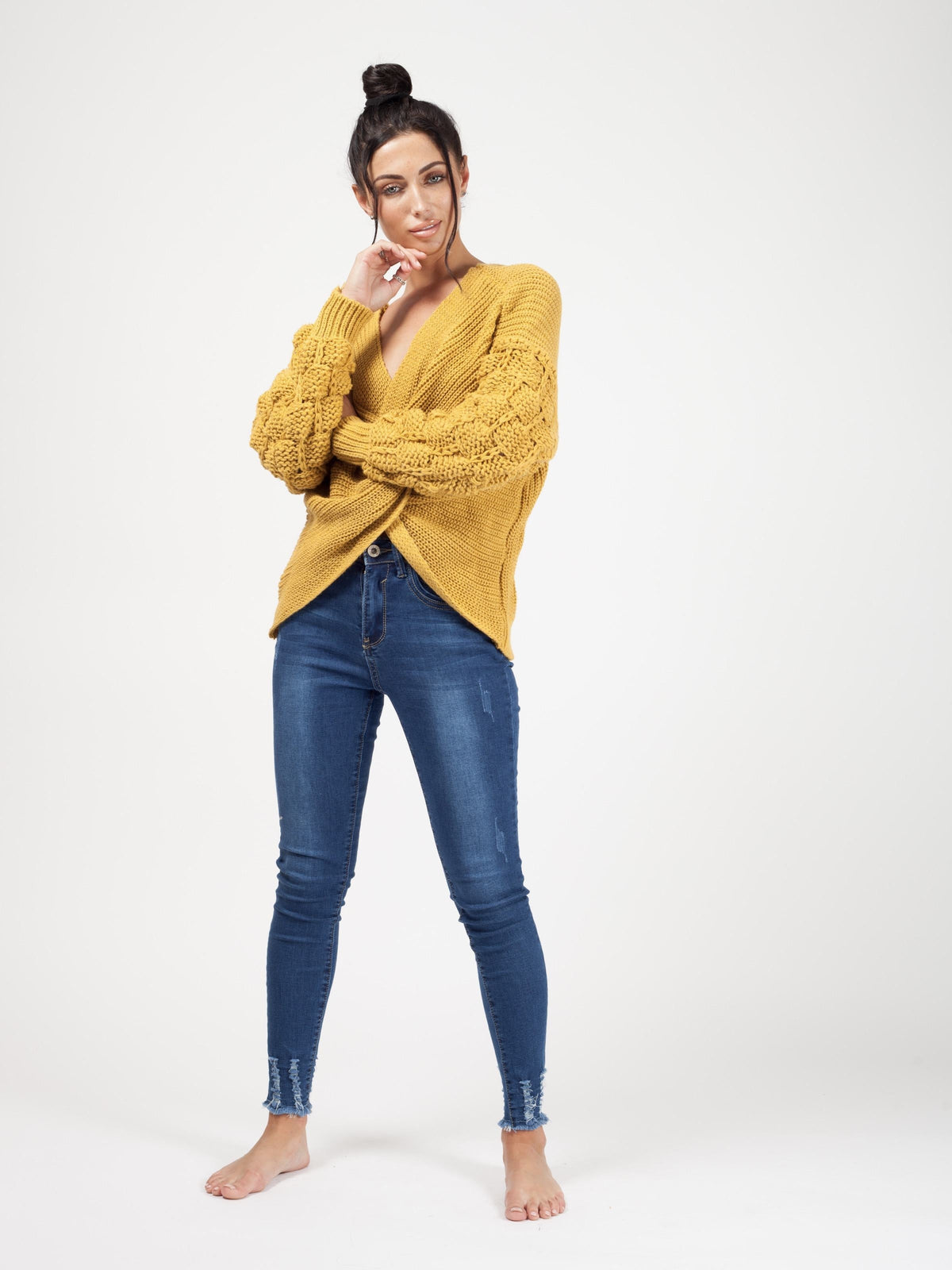 Bobble Sleeve Twist Front Knitted Jumper