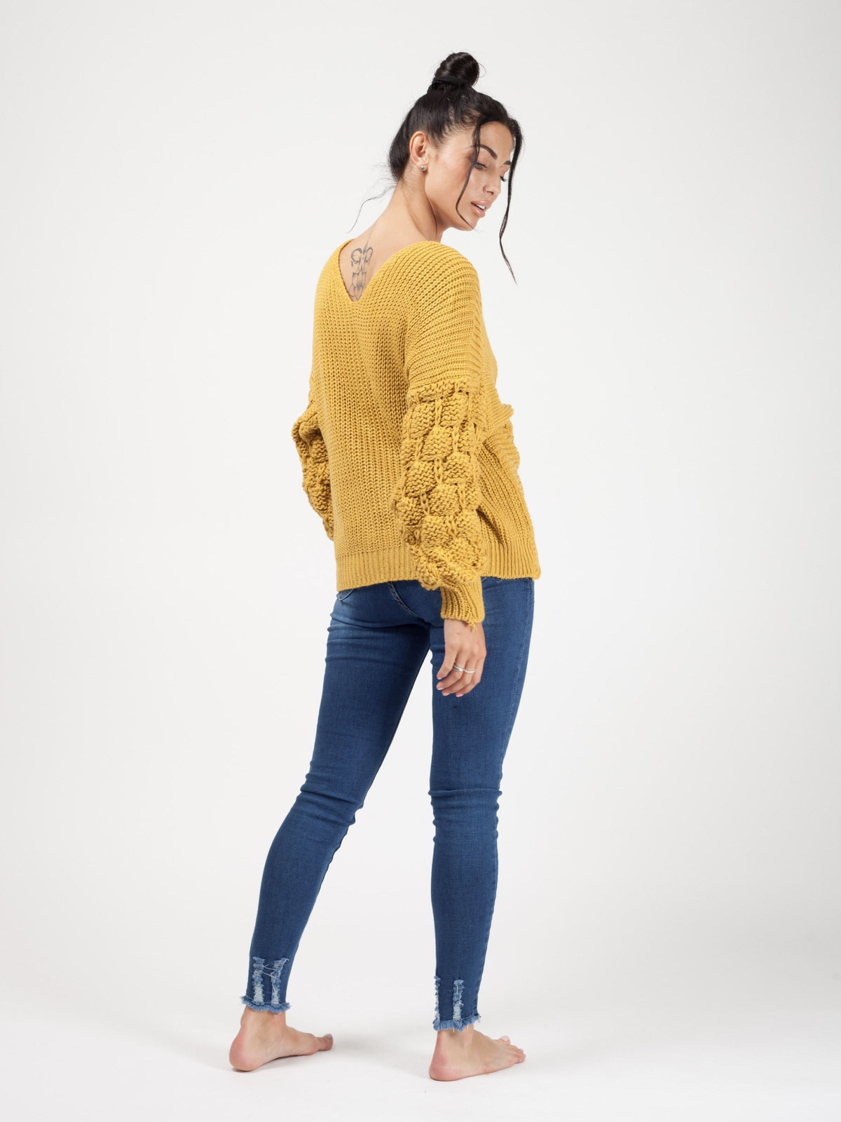 Bobble Sleeve Twist Front Knitted Jumper