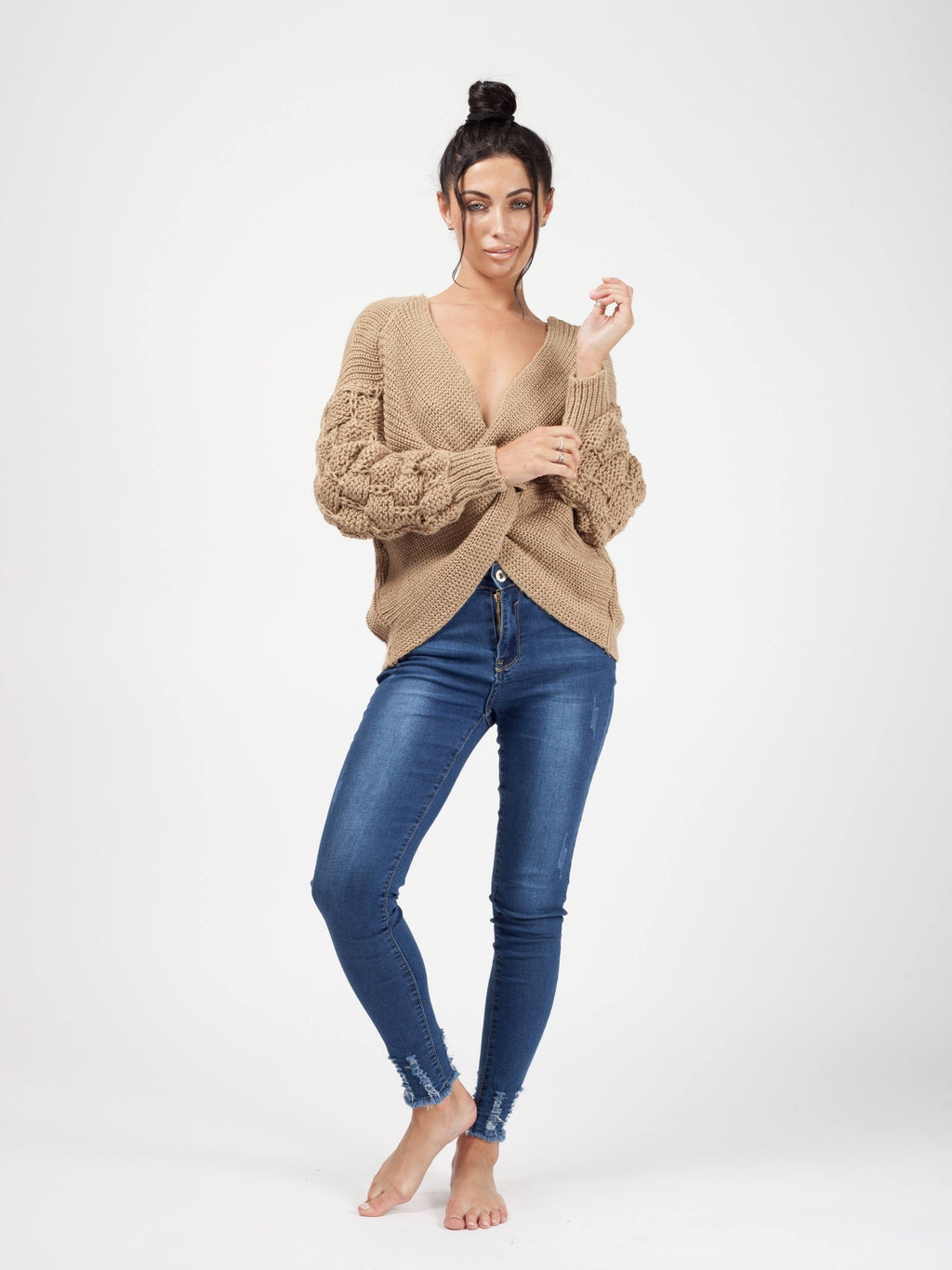 Bobble Sleeve Twist Front Knitted Jumper