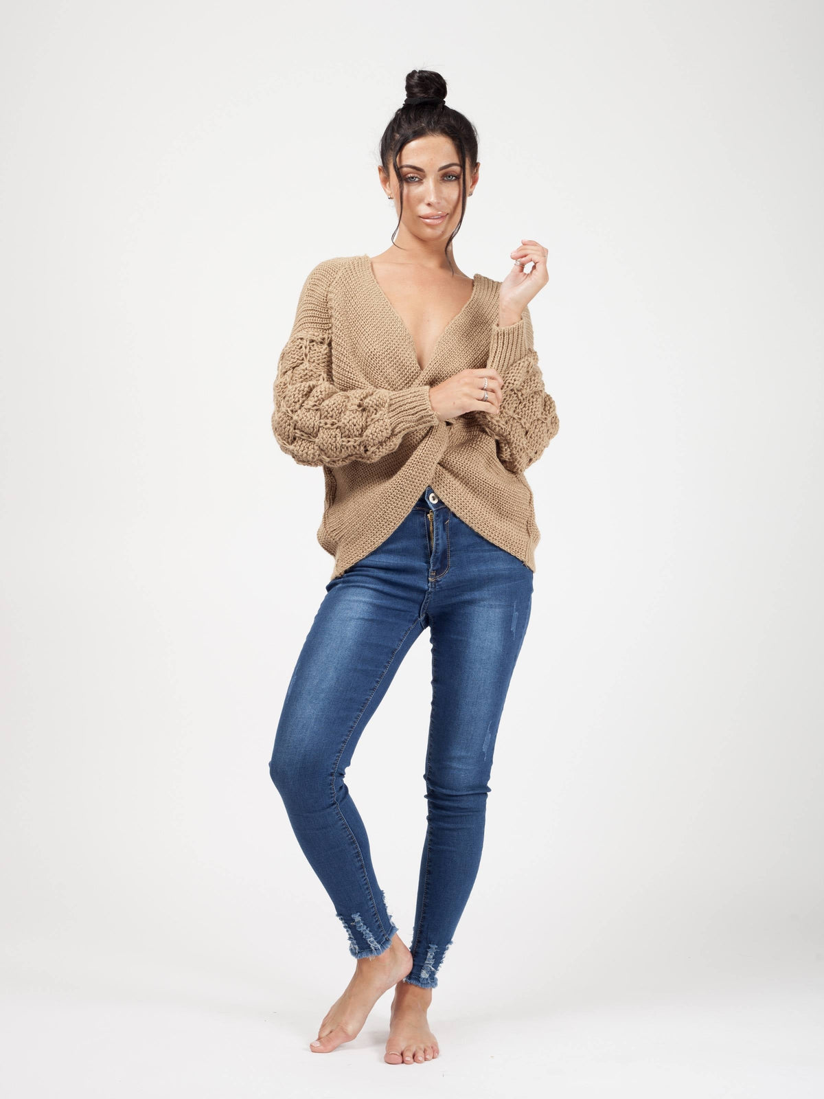 Bobble Sleeve Twist Front Knitted Jumper