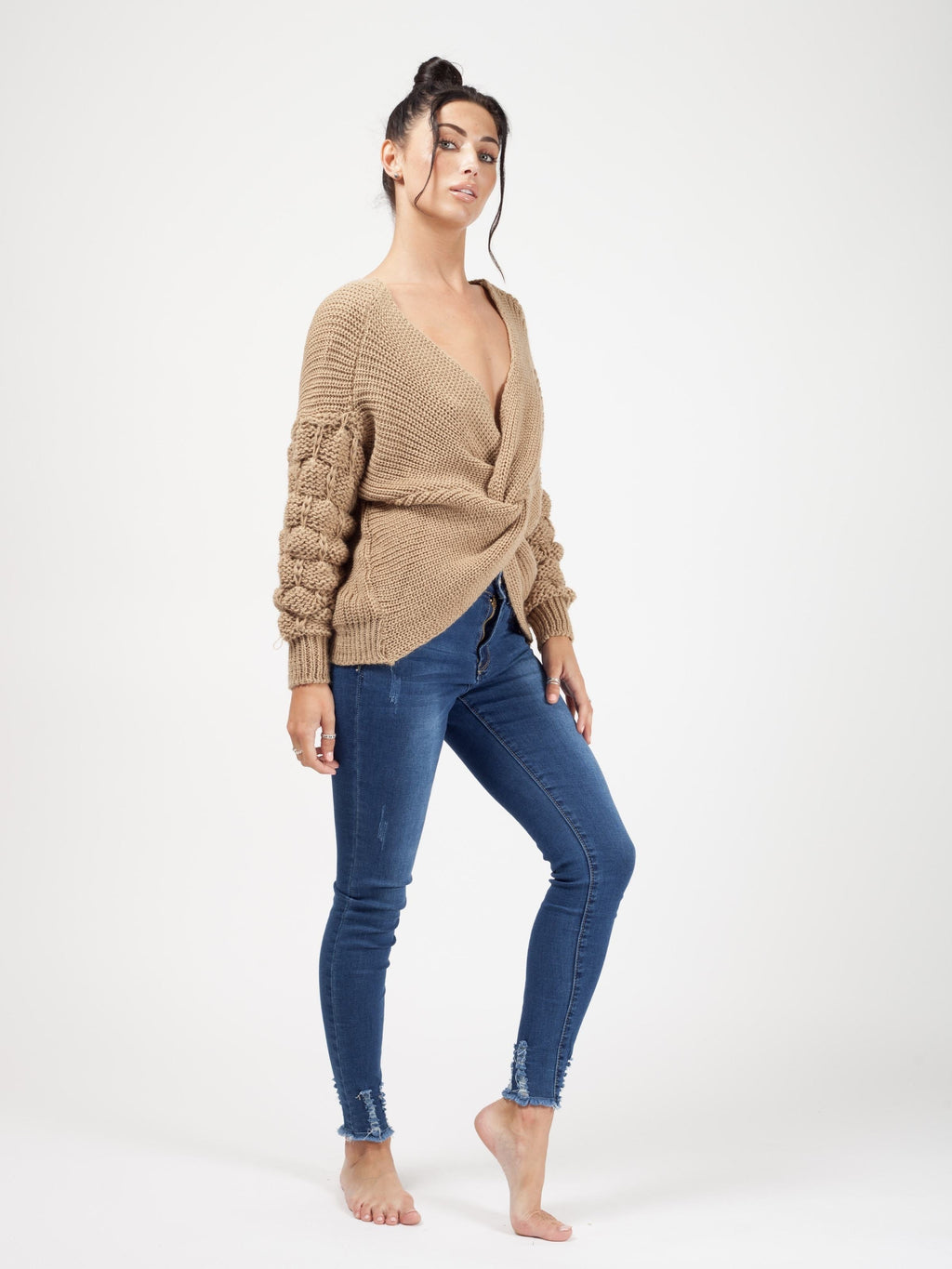 Bobble Sleeve Twist Front Knitted Jumper
