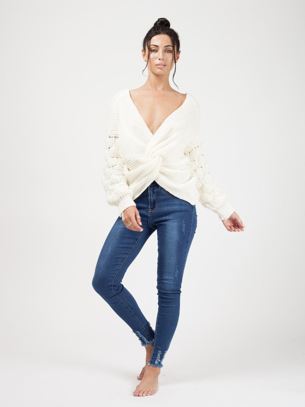 Bobble Sleeve Twist Front Knitted Jumper