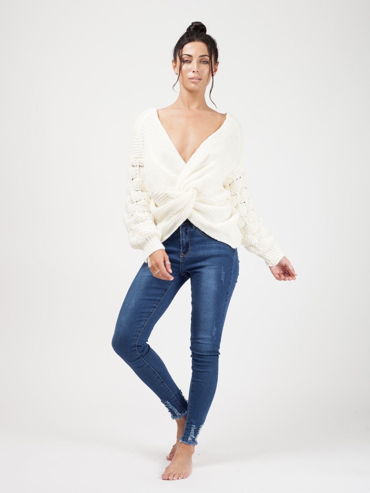 Bobble Sleeve Twist Front Knitted Jumper