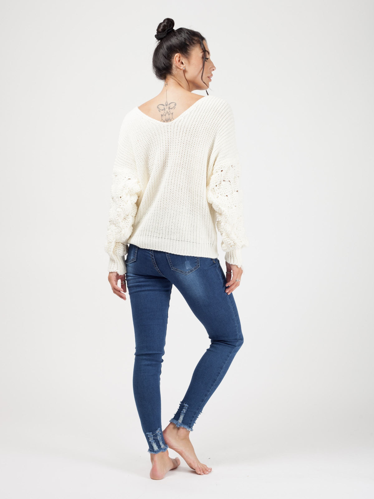 Bobble Sleeve Twist Front Knitted Jumper