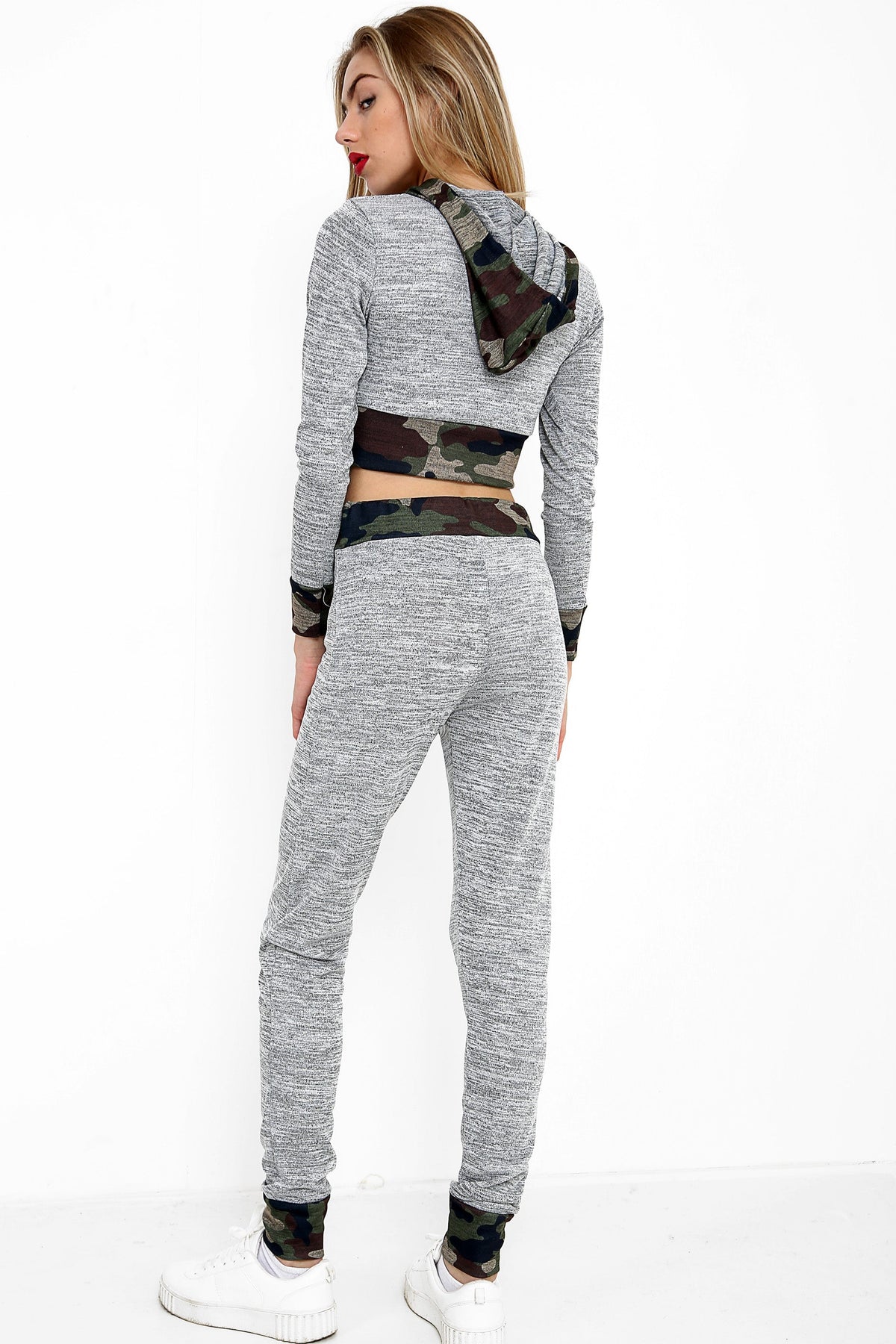 Camo Trim Hooded Cropped Loungewear Set